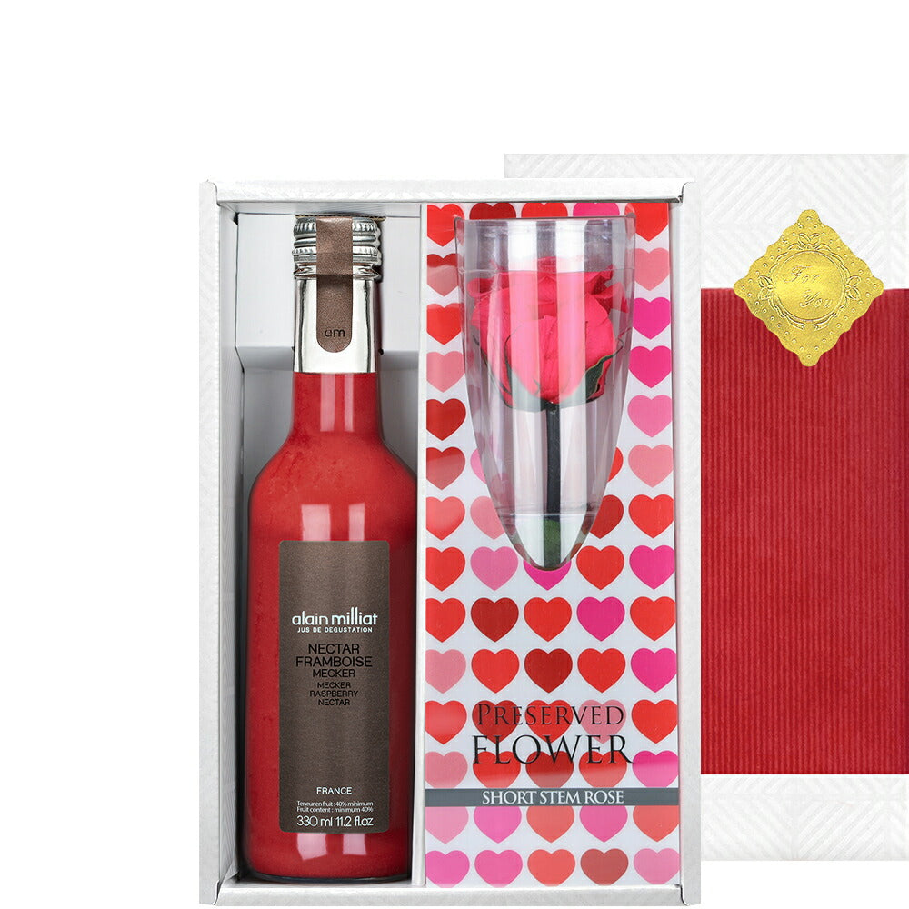 【お花の色が選べる】 ジュース 花 ギフトセット フランス アラン・ミリア alain milliat ラズベリー ネクター 330ml プリザーブドフラワー バラ 一輪 ピンク 赤 ノンアル お祝い プレゼント