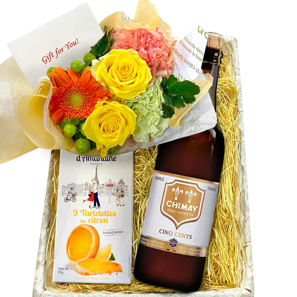 ビール フラワーアレンジメント 生花 スイーツ ギフトセット ベルギー クラフトビール シメイ ホワイト 750ml お菓子 クッキー レモン タルト 海外ビール オレンジ バラ ガーベラ フラワーギフト 誕生日 記念日 お祝い 開店祝い 還暦 退職祝 送料無料