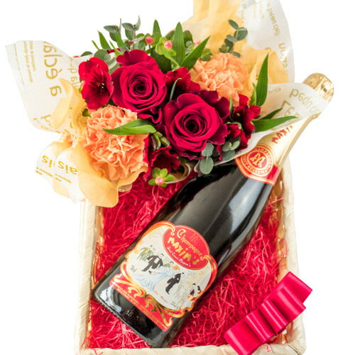母の日 花 ワイン 花 フラワーアレンジメント ギフトセット シャンパン フランス 有名ブランド 「マキシム・ド・パリ」 750ml 泡 辛口 ワイン フラワーアレンジメント 生花 赤 オレンジ バラ カーネーション おしゃれ 女性 お祝い 送料無料