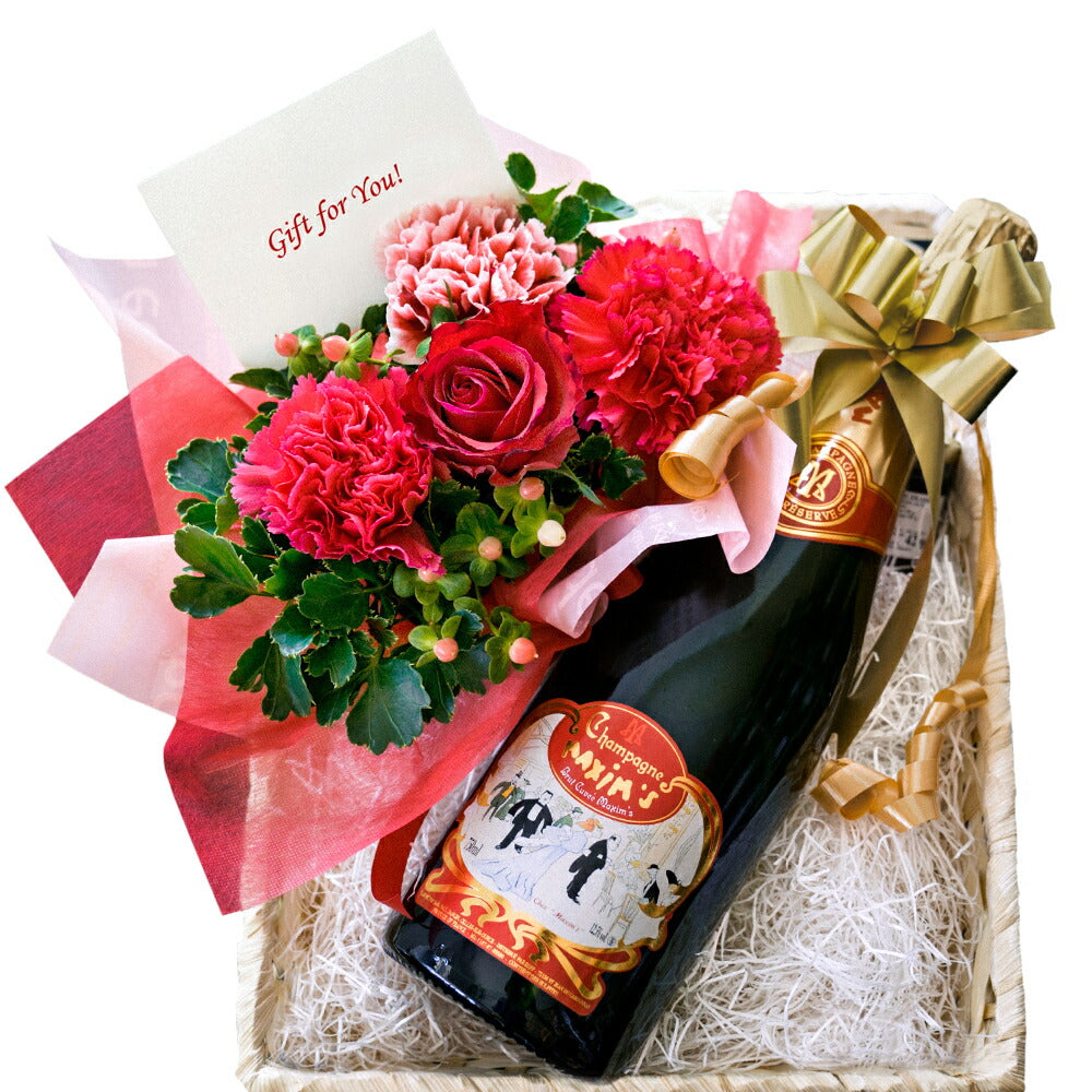 母の日 花 シャンパン フラワー ギフトセット マキシム・ド・パリ ワイン フラワーアレンジメント フランス 750ml 辛口 泡 生花 ピンク バラ カーネーション 結婚祝い 結婚記念日 誕生日 プレゼント おしゃれ 妻 お母さん 友人 夫婦 女性 送料無料