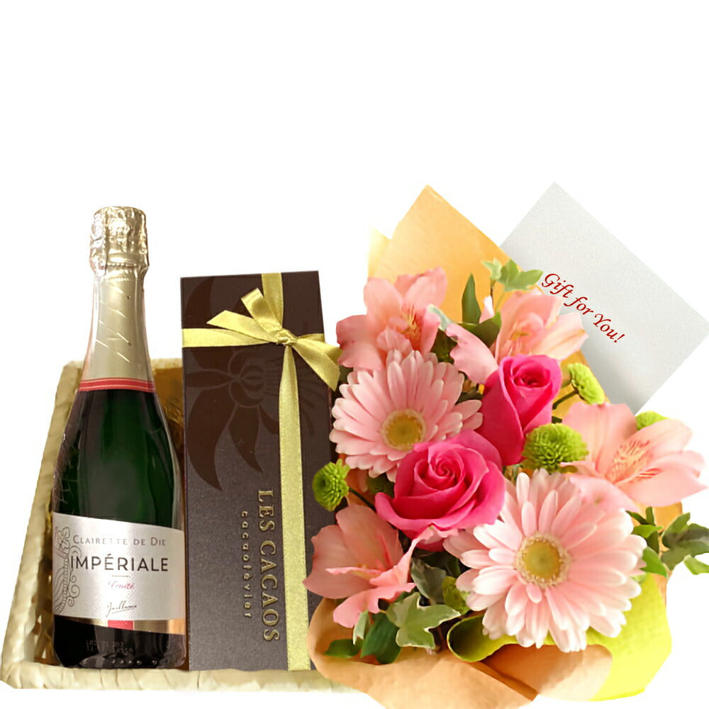 【クール便でお届け】 生花 アレンジメント ワイン スイーツ ギフトセット スパークリングワイン フランス 375ml やや甘口 ハーフボトル チョコレート ケーキ 生花 フラワーギフト ピンク バラ 洋菓子 焼き菓子 LES CACAOS 送料無料
