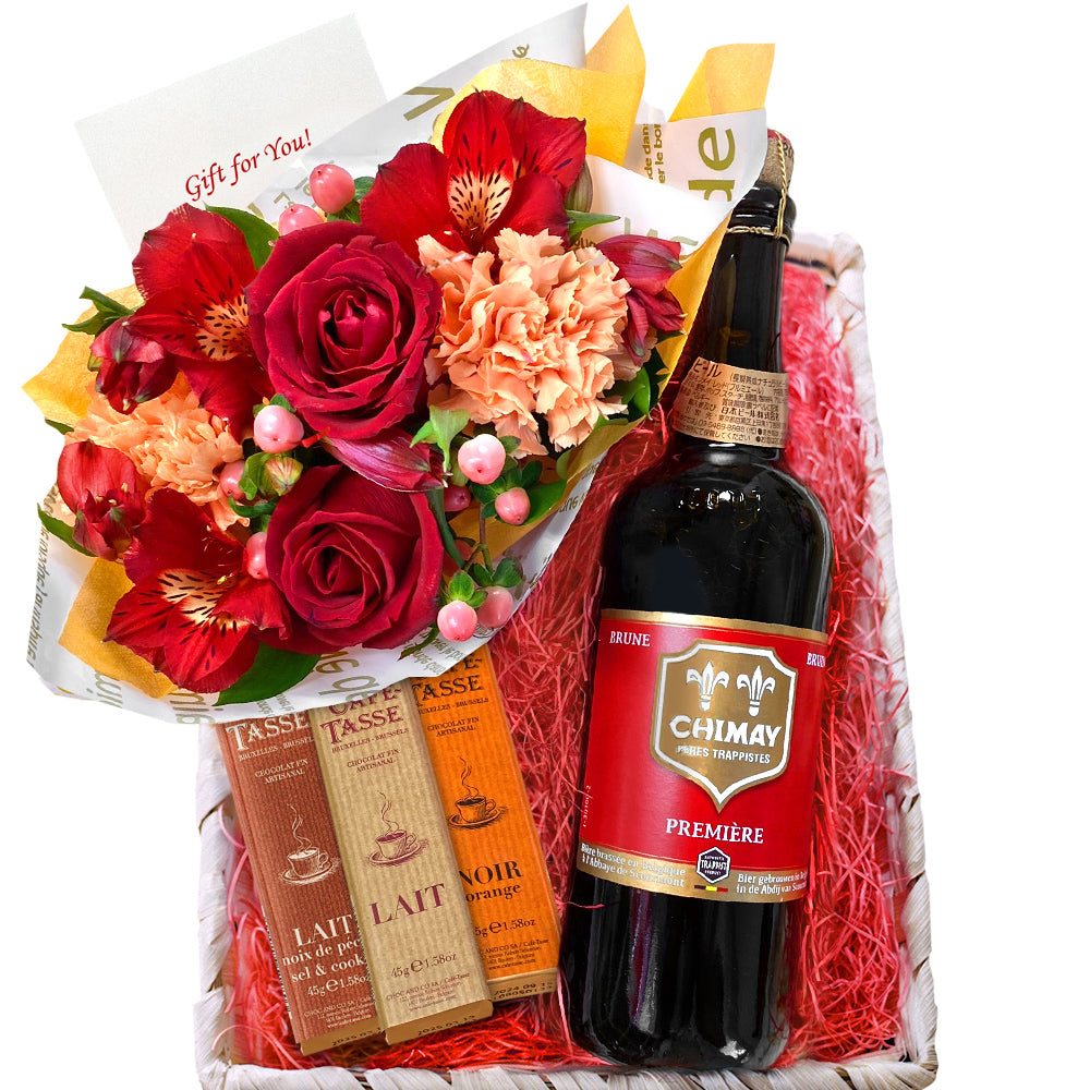 誕生日 フラワーアレンジメント お花 贈り物 ビール スイーツ ギフト ベルギービール 「シメイ 」レッド 生花 フラワーアレンジメント クラフトビール 海外ビール 750ml 赤 バラ カーネーション ベルギー カフェタッセ チョコレート誕生日 送料無料