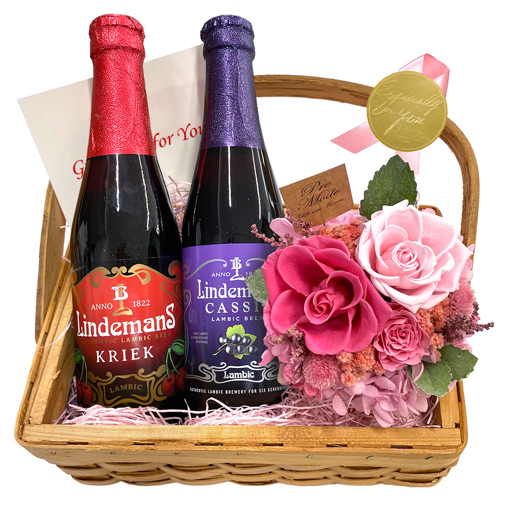 誕生日 プレゼント ビール【お花の色が選べる】ギフト フルーツビール チェリー ラズベリー プリザーブドフラワー バラ アジサイ ピンク 黄色 アレンジメント 記念日 誕生日 家族 女性 男性 祖母 祖父 送料無料