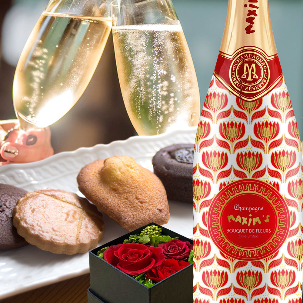 ワイン 花 スイーツ 洋菓子 シャンパン フランス 750ml 辛口 マキシム・ド・パリ ブラン・ド・ノワール プリザーブドフラワー ボックス アレンジ ピンク バラ LES CACAOS 焼菓子 5種 マドレーヌ