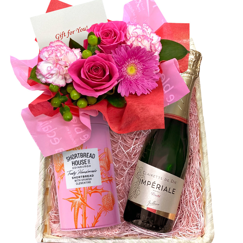 誕生日 お花 生花 プレゼント ワイン スイーツ ギフト フランス スパークリングワイン やや甘口 泡 白 375ml ハーフボトル イギリス ショートブレッド フラワーアレンジメント ピンク バラ カーネーション 送料無料