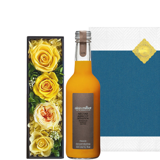 ジュースとお花のギフト フランス 「アラン・ミリア」 アプリコットネクター 330ml プリザーブドフラワー ボックス 黄色 バラ