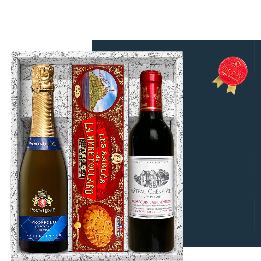 ワイン スイーツ ギフトセット フランス ボルドー 赤ワイン イタリア スパークリングワイン フランス クーキ プロセッコ 375ml ハーフボトル 2本 モン・サンミッシェル チョコチップ 発酵バター サブレ プレゼント 誕生日 クリスマス 内祝い お祝い 退職祝い