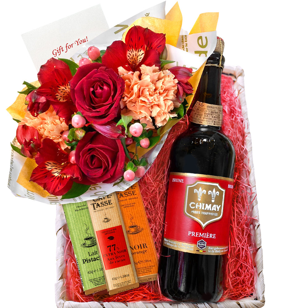 お祝い お花 ビール スイーツ ギフト 贈り物 ベルギービール 「シメイ 」レッド お花 生花 フラワーアレンジメント クラフトビール 海外ビール 750ml 赤 バラ カーネーション ベルギー カフェタッセ チョコレート バー 3種 誕生日 送料無料