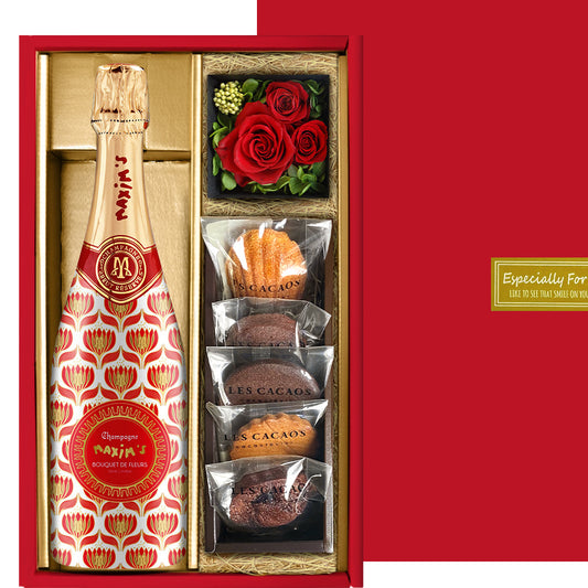 母の日 お花 プレゼント シャンパンとスイーツ・お花のギフトセット「マキシム・ド・パリ」 シャンパーニュ 泡 辛口 750ml プリザーブドフラワー 赤 バラ 枯れないお花 洋菓子 スイーツ LES CACAOS 焼菓子 5種 マドレーヌ ギフト箱付 熨斗可 結婚祝い 誕生日 送料無料