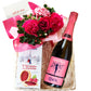 記念日 誕生日 贈り物 女性 おしゃれ 花 スイーツ ギフト スパークリングワイン フランス 750ml やや甘口 泡 生花 フラワーアレンジメント ピンク カーネーション バラ お菓子 ラズベリータルト クッキー 誕生日 結婚記念日 送料無料
