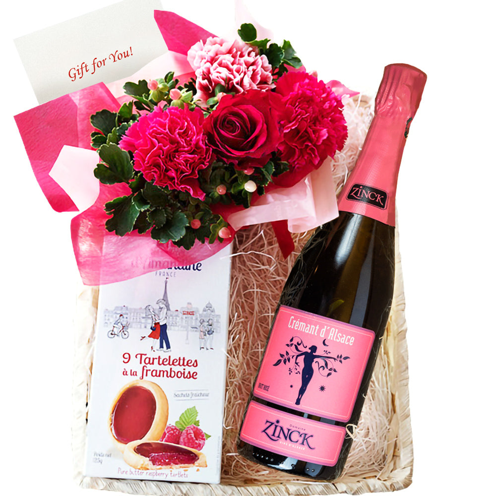 記念日 誕生日 贈り物 女性 おしゃれ 花 スイーツ ギフト スパークリングワイン フランス 750ml やや甘口 泡 生花 フラワーアレンジメント ピンク カーネーション バラ お菓子 ラズベリータルト クッキー 誕生日 結婚記念日 送料無料