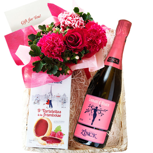 記念日 誕生日 贈り物 女性 おしゃれ 花 スイーツ ギフト スパークリングワイン フランス 750ml やや甘口 泡 生花 フラワーアレンジメント ピンク カーネーション バラ お菓子 ラズベリータルト クッキー 女性 誕生日 結婚記念日 送料無料