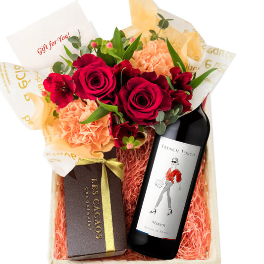 お祝い 記念日 誕生日 花 人気 ワイン 花 スイーツ ギフト 花 赤ワイン フランス ラングドック 辛口 750ml おしゃれなラベル 生花 フラワーアレンジメント 赤 オレンジ バラ 東京 LES CACAOS 焼菓子 5個 洋菓子 詰め合わせ 誕生日 女性 妻 お母さん 退職祝い 還暦祝い