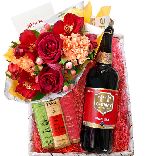 【クール便発送】フラワーアレンジメント お花 贈り物 ビール スイーツ ギフト ベルギービール 「シメイ 」レッド 生花 フラワーアレンジメント クラフトビール 海外ビール 750ml 赤 バラ カーネーション ベルギー カフェタッセ チョコレート バー 3種 誕生日 送料無料