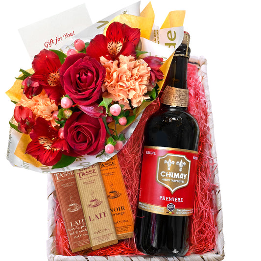 誕生日 フラワーアレンジメント お花 贈り物 ビール スイーツ ギフト ベルギービール 「シメイ 」レッド 生花 フラワーアレンジメント クラフトビール 海外ビール 750ml 赤 バラ カーネーション ベルギー カフェタッセ チョコレート誕生日 送料無料