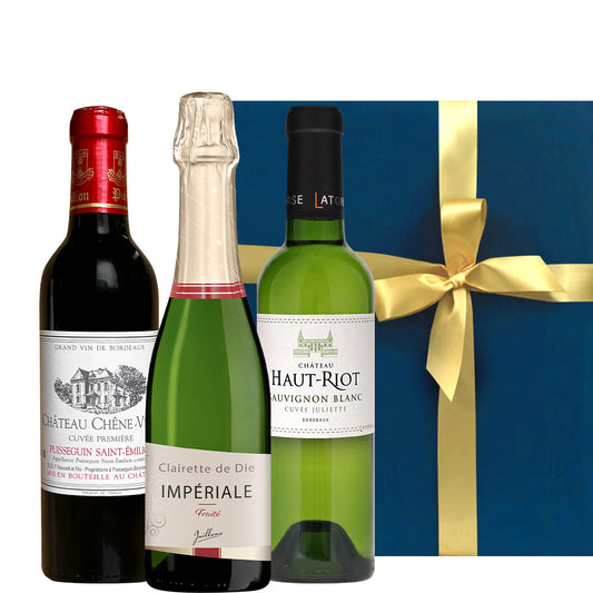 ワインギフト ３本 飲み比べセット フランス 赤ワイン スパークリングワイン  白ワイン コート・デュ・ローヌ ボルドー ピュイスガン・サンテミリオン ソーヴィニョン・ブラン ハーフボトル 375ml×3本 ギフト箱付 誕生日 プレゼント 御祝い 御礼 結婚祝い 記念日 リボンラッピング メッセージカード 送料無料