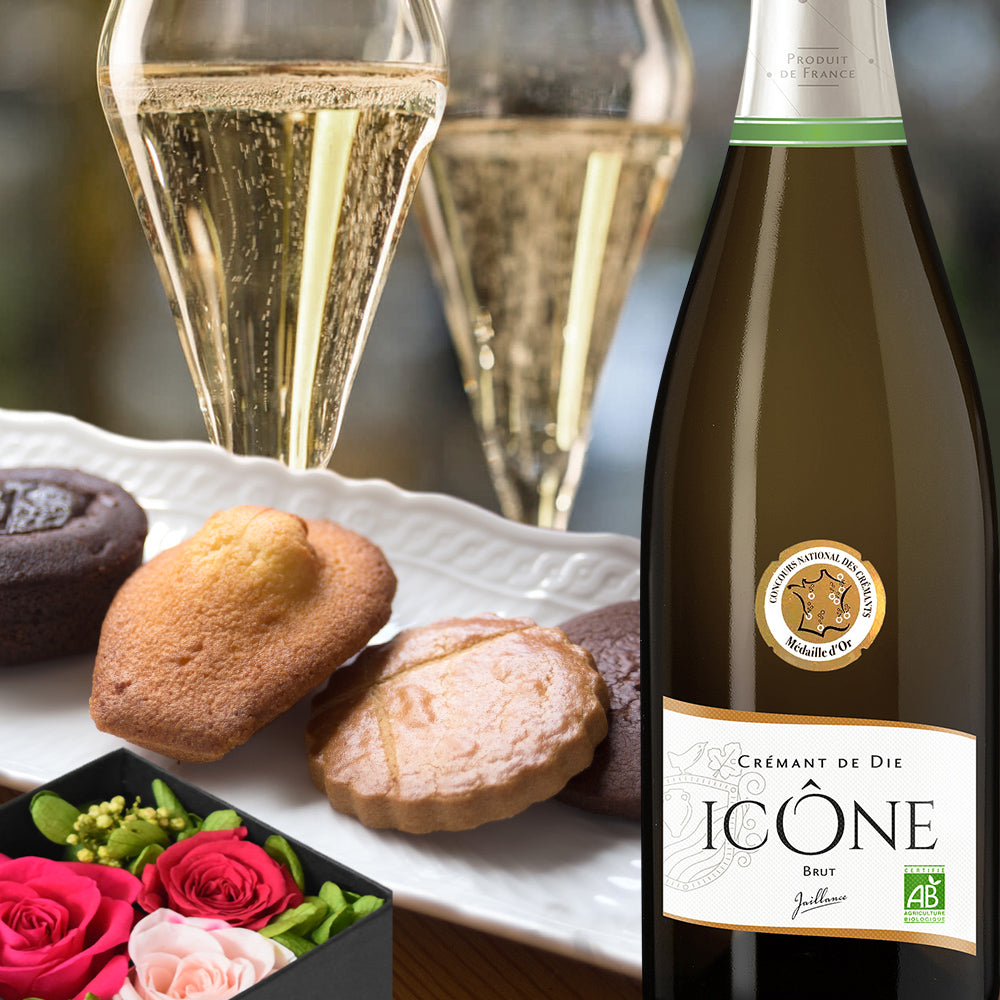 クリスマスギフト ワイン 焼き菓子 お花のギフトセット フランス スパークリングワイン 甘口 750ml プリザーブドフラワー ピンク バラ 東京 LES CACAOS 洋菓子 焼菓子 5個 マドレーヌ 詰め合わせ おしゃれ プレゼント 誕生日 内祝い お歳暮 成人式 女性 送料無料