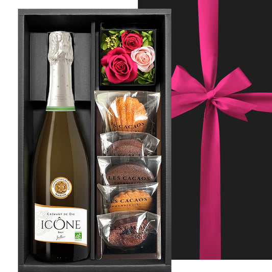 クリスマスギフト ワイン 焼き菓子 お花のギフトセット フランス スパークリングワイン 甘口 750ml プリザーブドフラワー ピンク バラ 東京 LES CACAOS 洋菓子 焼菓子 5個 マドレーヌ 詰め合わせ おしゃれ プレゼント 誕生日 内祝い お歳暮 成人式 女性 送料無料